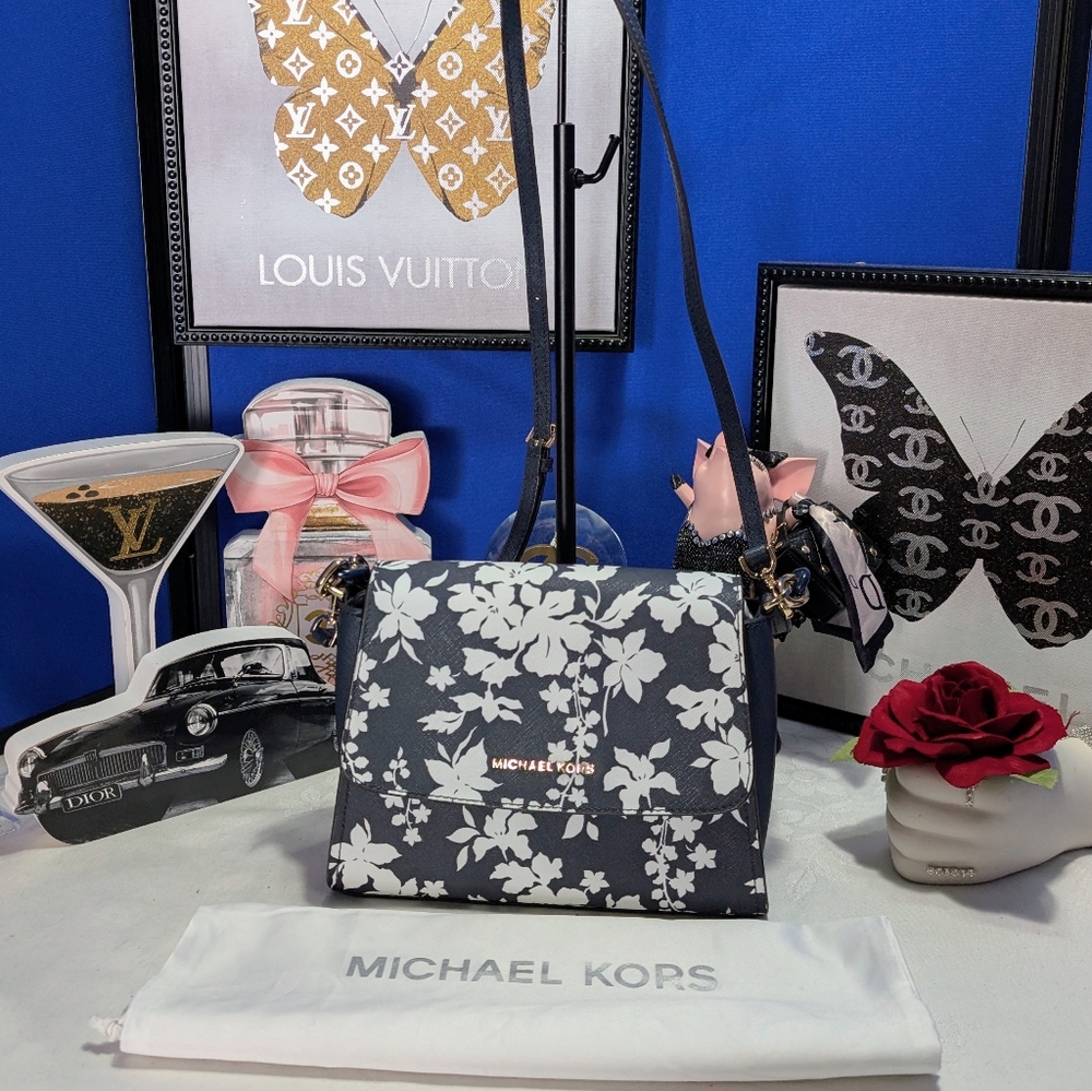 Michael Kors Sofia Small Leather Satchel/Crossbody Navy/ White Floral